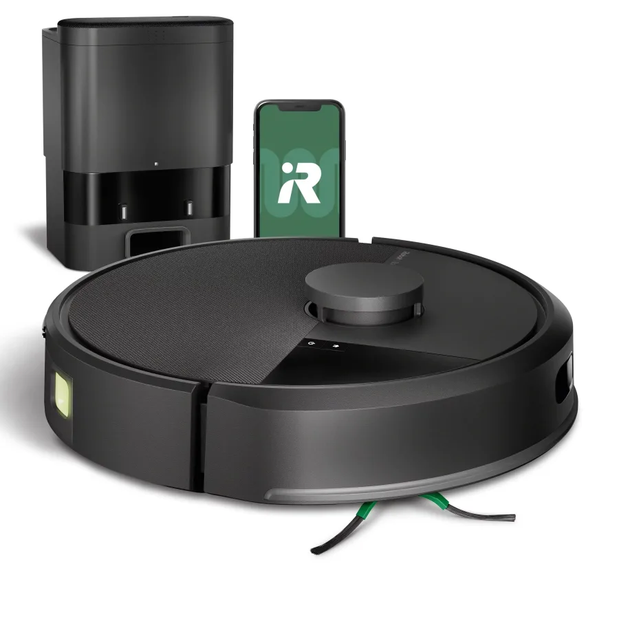 Black Roomba 105 Vac robot vacuum in front of its AutoEmpty dock