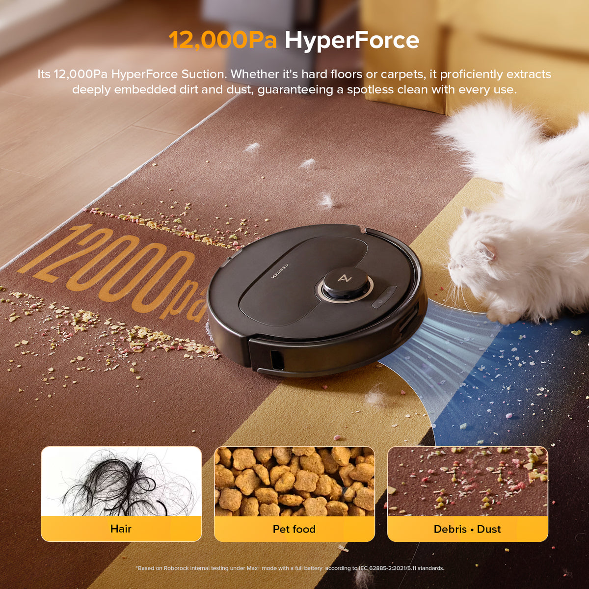 Roborock promotional illustration showing the Qrevo S5V cleaning hair, pet food and debris from carpet