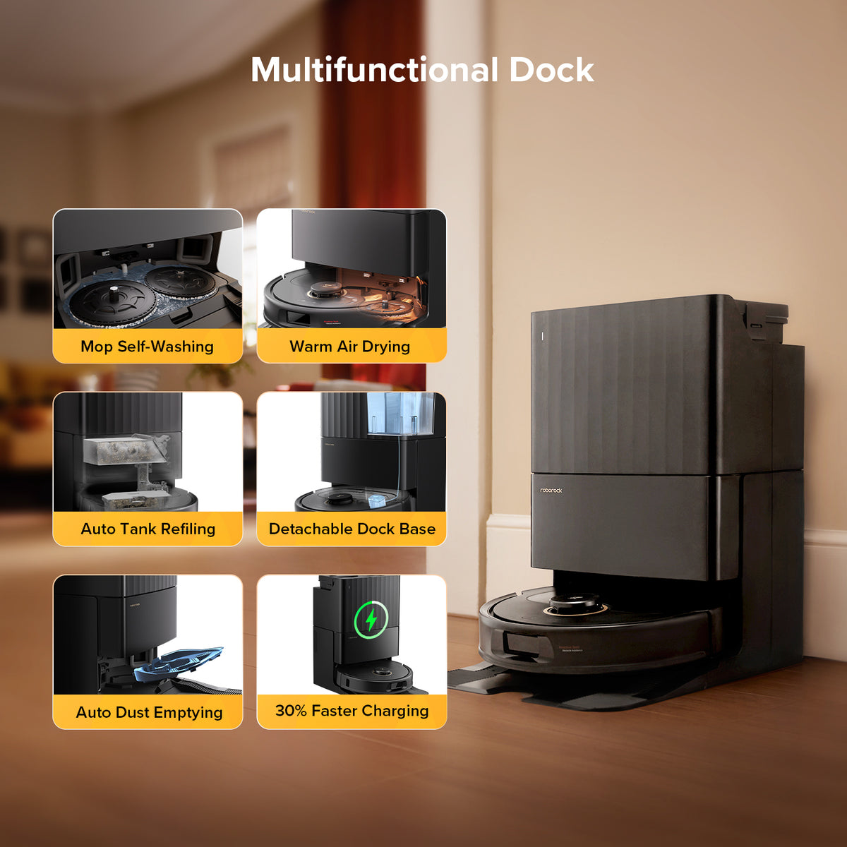 Roborock illustration listing the Qrevo S5V dock's mop washing, drying, tank refilling, dust emptying and charging functions